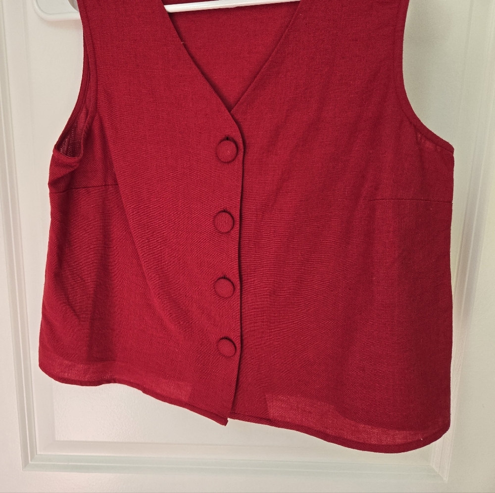 Mango Red Cropped Button-Front Sleeveless Cotton-Linen Vest Blouse Sz 4 - Picture 6 of 11